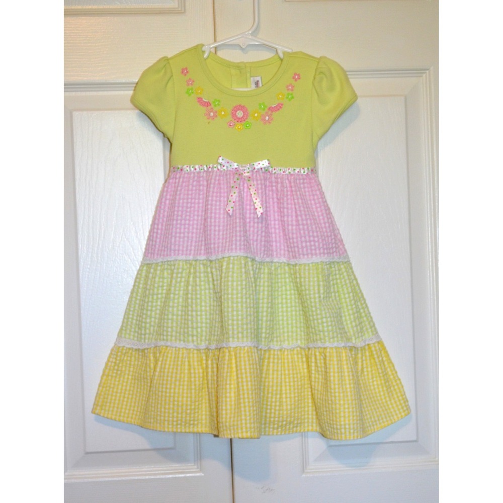 Vintage Youngland Girls Size 4 Dress Color Block Seersucker Gingham Short Sleeve